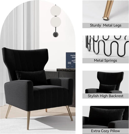 Fabric Upholstered Reading Comfy Mid Century Modern Armchair with Metal Legs and Spring Support, Accent Chair for Living Room