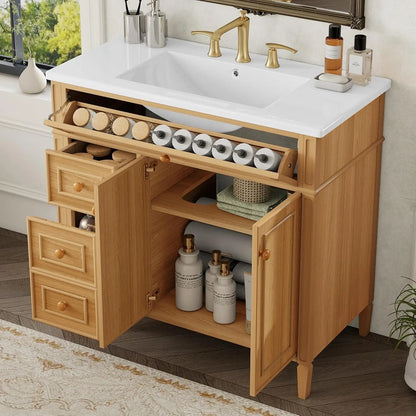 36" Free Standing Bathroom Vanity with Sink, Tip-Out Drawer &amp; 3 Drawers &amp; 2 Doors, Wood Cabinet with Ceramic Basin, Customized
