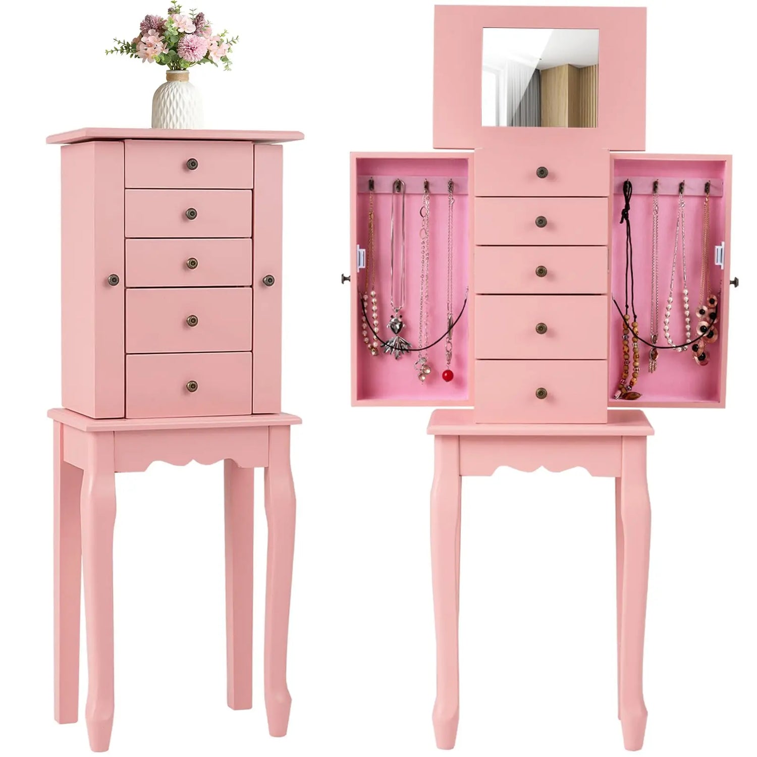 White Standing Jewelry Armoire Cabinet with 4 Drawers Flip Top Mirror Top Compartments 2 Side Doors 8 Necklace Hooks Freestandin