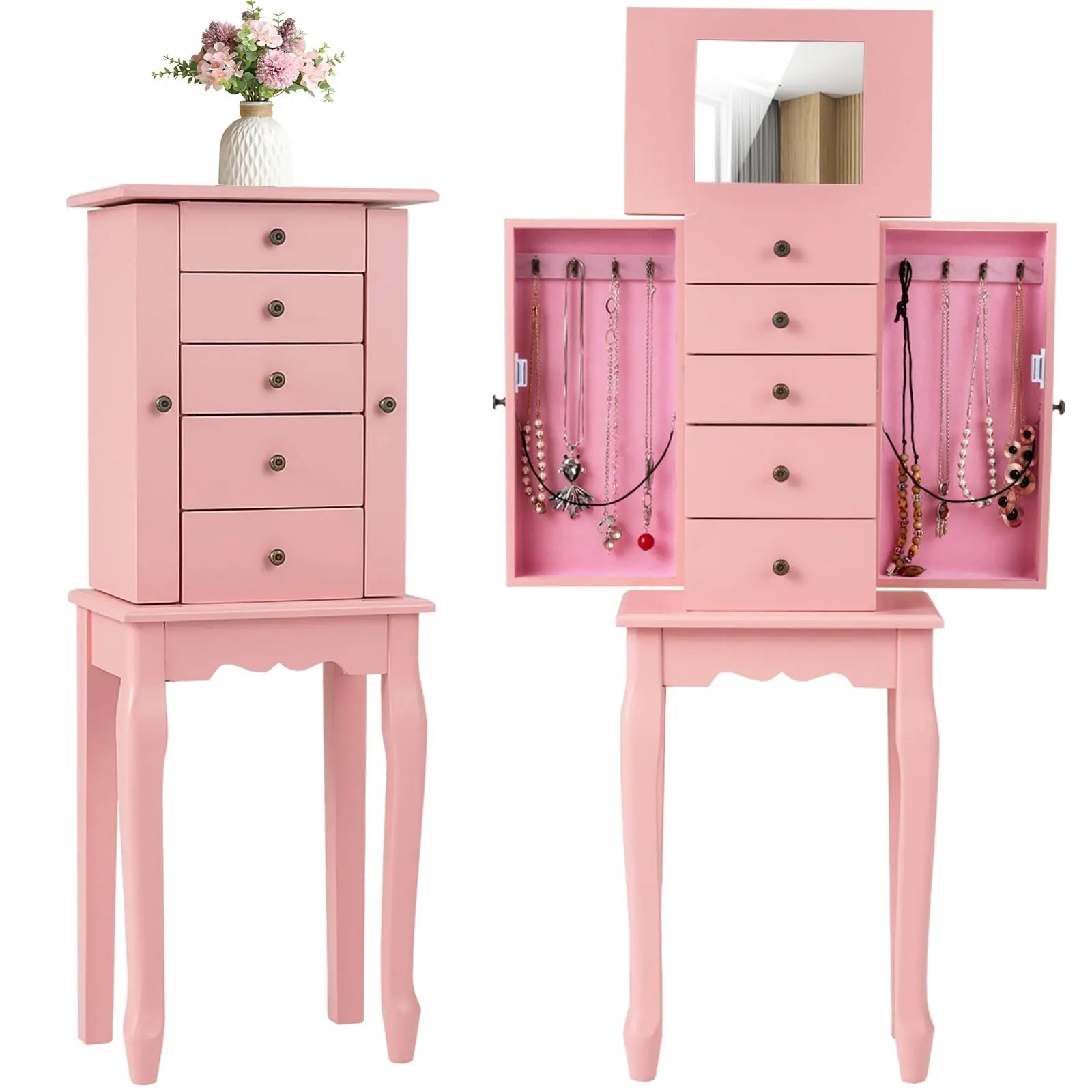 White Standing Jewelry Armoire Cabinet with 4 Drawers Flip Top Mirror Top Compartments 2 Side Doors 8 Necklace Hooks Freestandin
