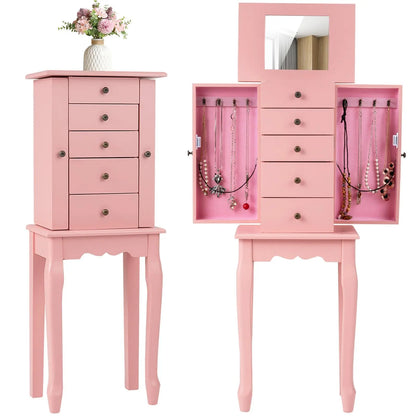 White Standing Jewelry Armoire Cabinet with 4 Drawers Flip Top Mirror Top Compartments 2 Side Doors 8 Necklace Hooks Freestandin