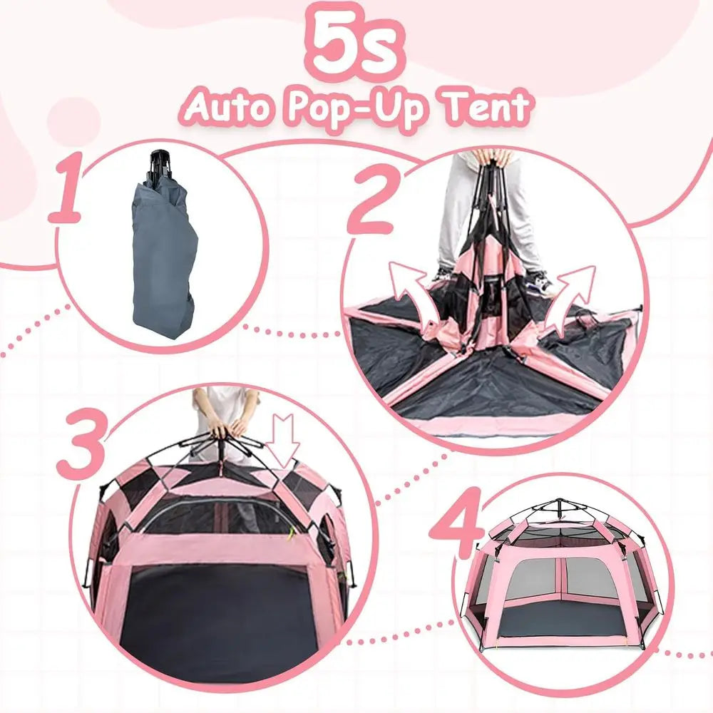 Portable Pink Playpen Tent - Indoor &amp; Outdoor Play Area with Canopy for Beach, Travel, and Toddlers