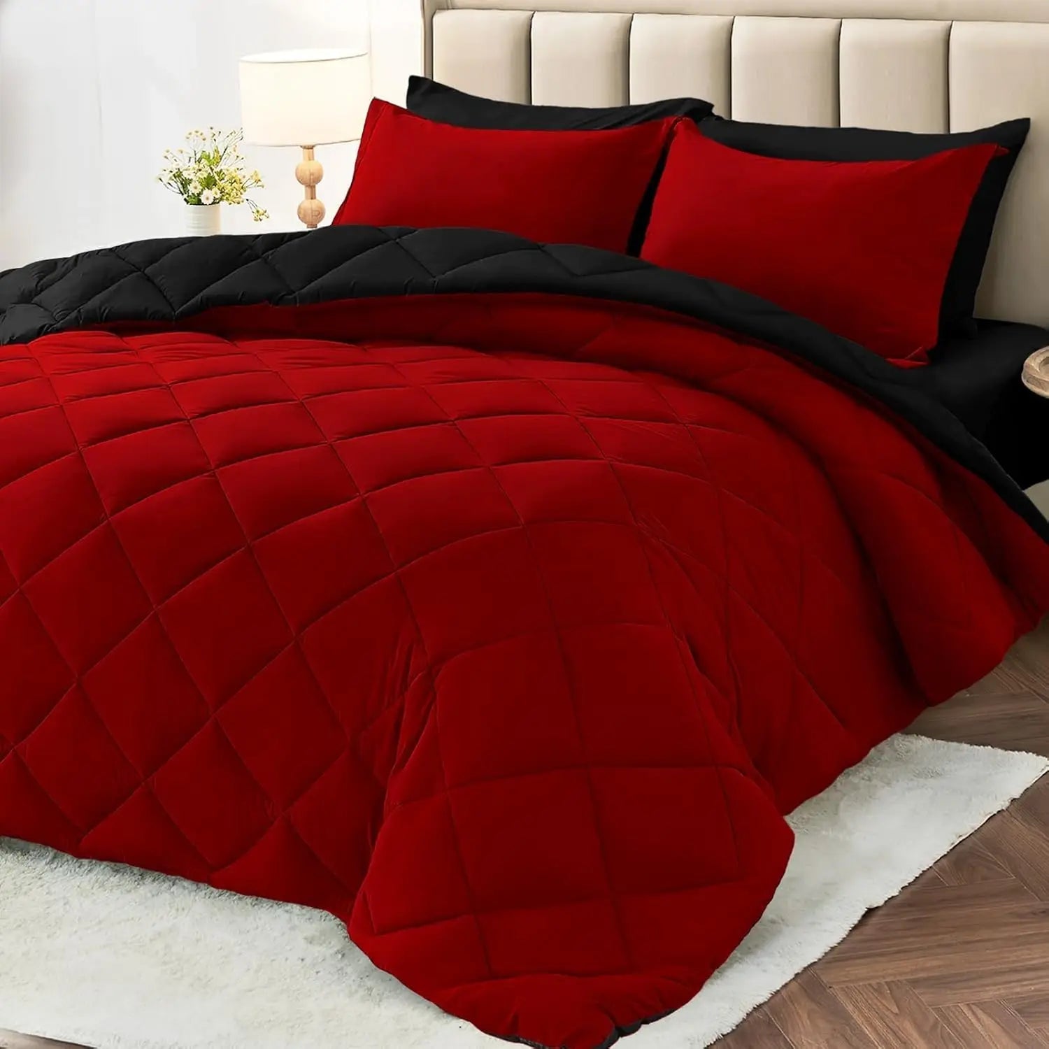 Queen Size Reversible Comforter Set, 7-Piece All Season Bedding with Sheets &amp; Pillowcases in Red &amp; Black