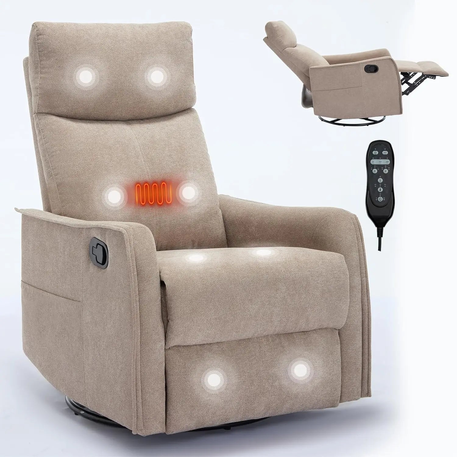 Heat Massage Manual Recliner Chair with Rocker &amp; 360° Swivel, Fabric Upholstered Reclining Armchair with Lumbar, Customized
