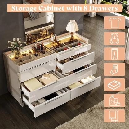 High Gloss 3 Piece Bedroom Furniture Set with 8 Drawer Dresser LED Light &amp; 2 Nightstands Charging Station - Modern Storage