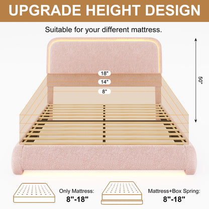 Full Size LED Bed Frame with Storage Drawers, Teddy Upholstery, Rounded Headboard, Soft and Cozy, No Box Spring Needed