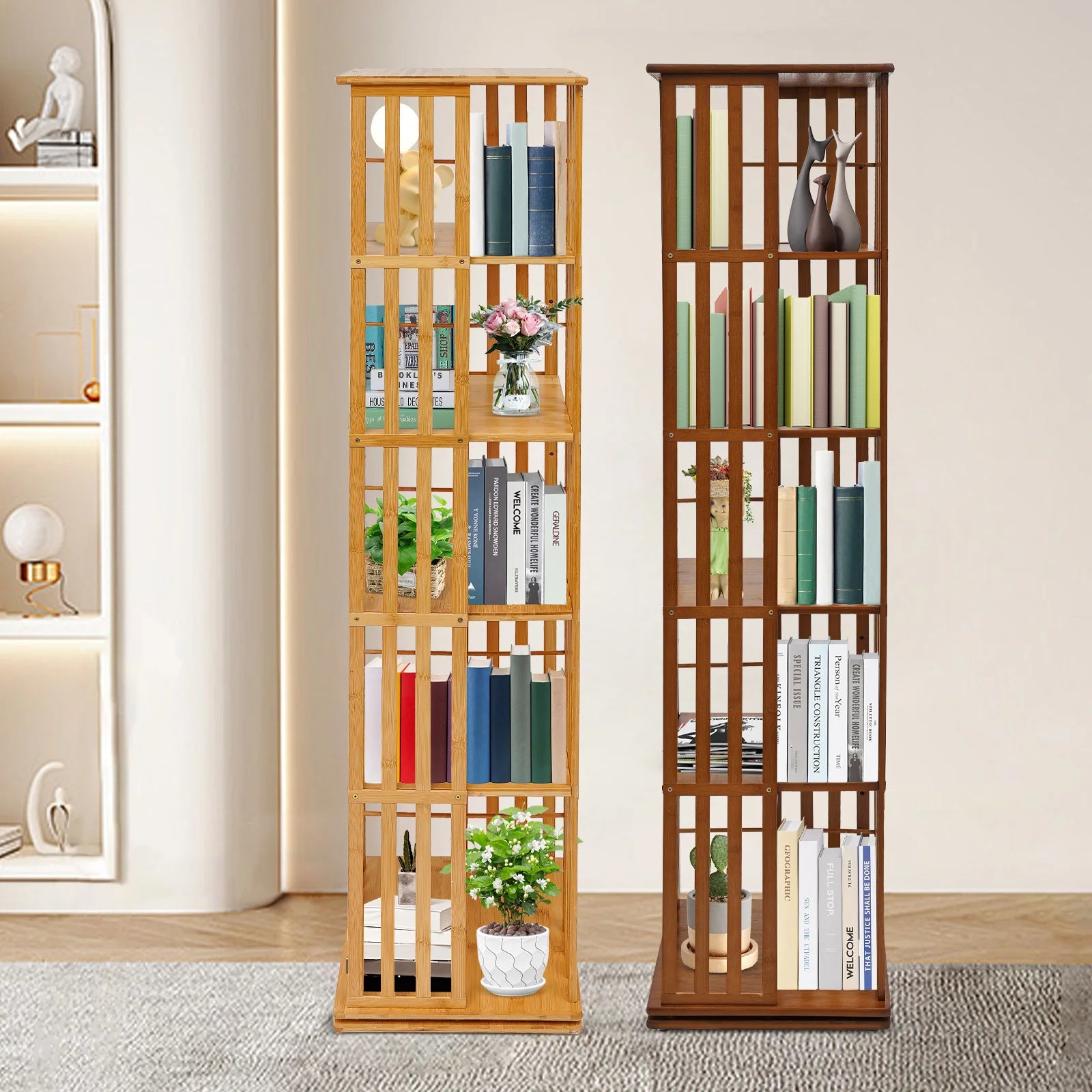 5-Tier Bamboo Rotating Bookcase,Tan/Wood Color Rectangular Rotating Bookshelf Floor-Mounted 37*37*150cm for Study Rooms,Bedrooms