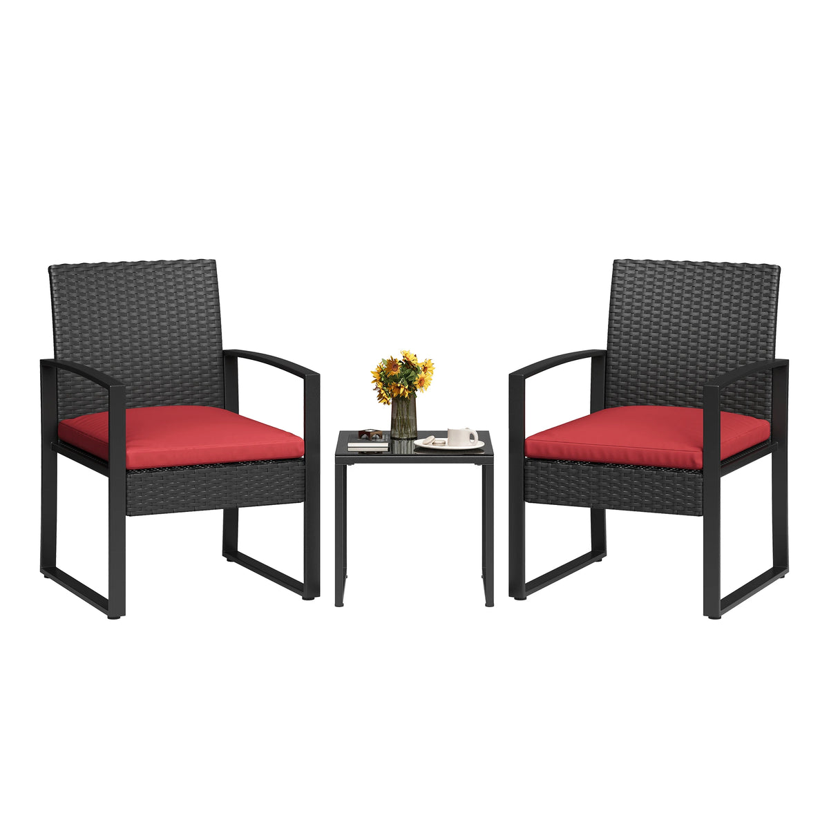 3-Piece PE Rattan Patio Bar Set, Outdoor Bar Height Bistro Table and 2 Stools with Tempered Glass Tabletop, Weather Resistant Wicker Patio Furniture Set, Modern Conversation Bar Set for Garden Balcony Backyard