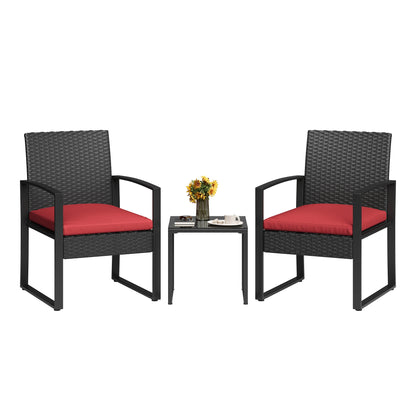 3-Piece PE Rattan Patio Bar Set, Outdoor Bar Height Bistro Table and 2 Stools with Tempered Glass Tabletop, Weather Resistant Wicker Patio Furniture Set, Modern Conversation Bar Set for Garden Balcony Backyard