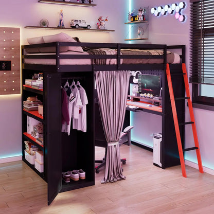 Full Wood Gaming Loft Bed Desk Storage Shelves LED Charging Station Kids Bedroom No Box Spring, Customized