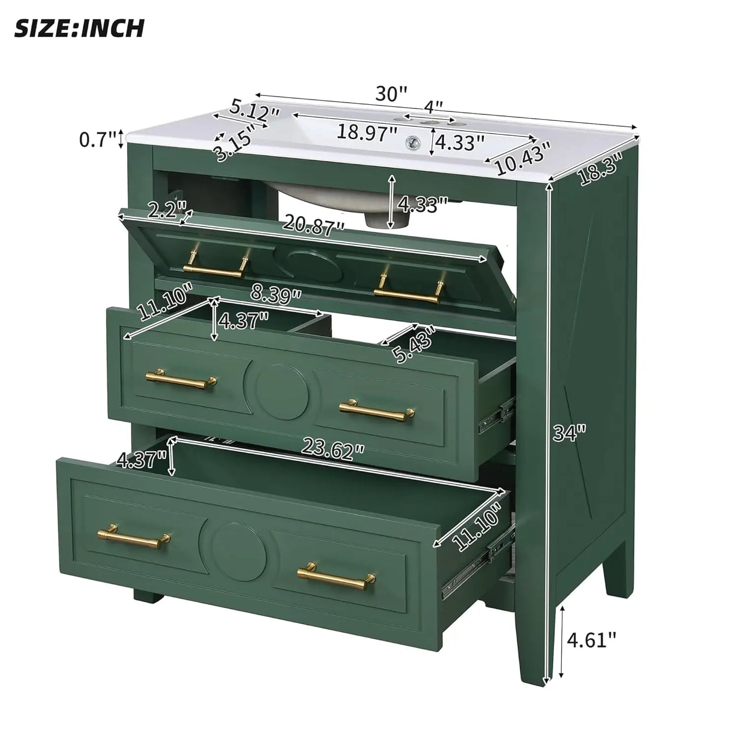 30in Solid Wood Bathroom Vanity Ceramic Sink Storage Cabinet Tip-Out & 2 Full-Extension Drawers Bath Powder Room Customized