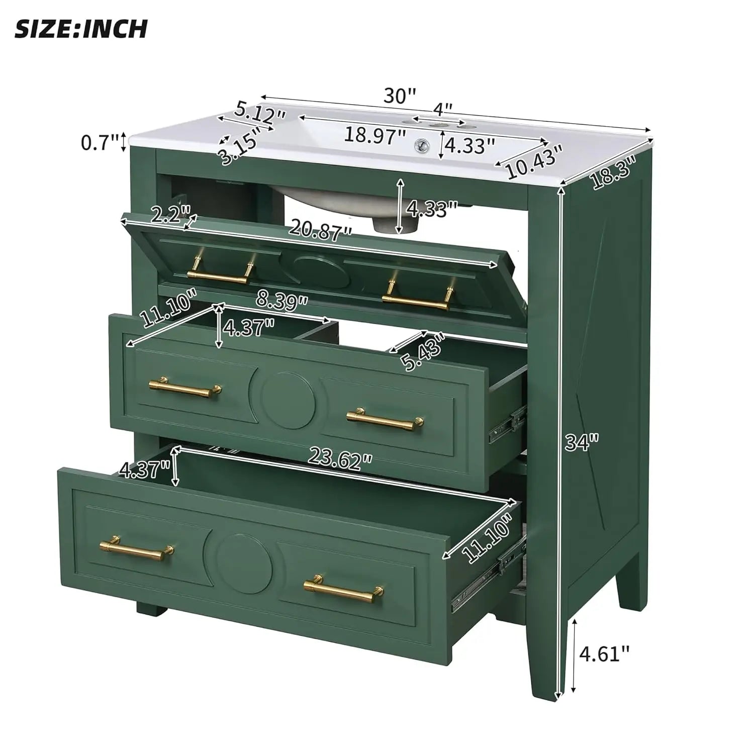 30in Solid Wood Bathroom Vanity Ceramic Sink Storage Cabinet Tip-Out &amp; 2 Full-Extension Drawers Bath Powder Room Customized