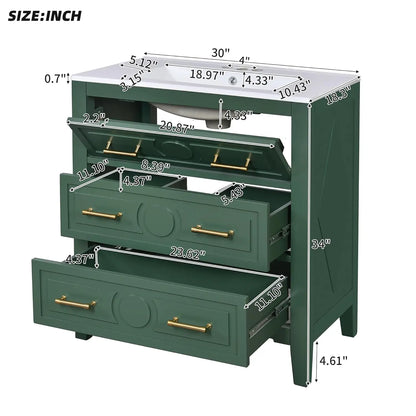 30in Solid Wood Bathroom Vanity Ceramic Sink Storage Cabinet Tip-Out &amp; 2 Full-Extension Drawers Bath Powder Room Customized