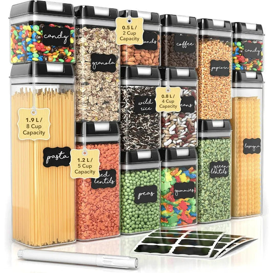 Airtight Food Storage Containers with Lids 14 Piece Assorted Size Kitchen Pantry Organization Set BPAFree Clear Plastic Stackab