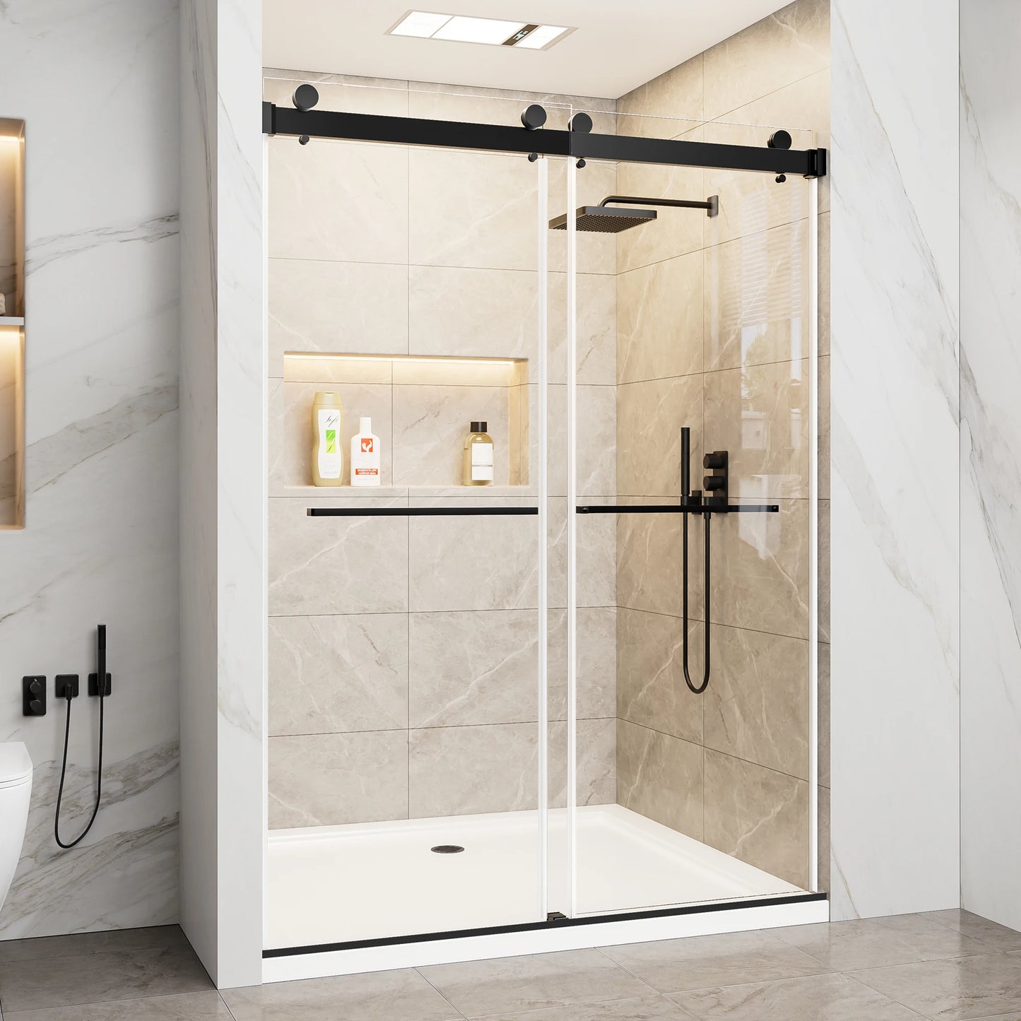 60" x 78"Matte Black Frameless Double Sliding Shower Door, 10mm Clear Tempered Glass with Film, Stainless Steel Handles