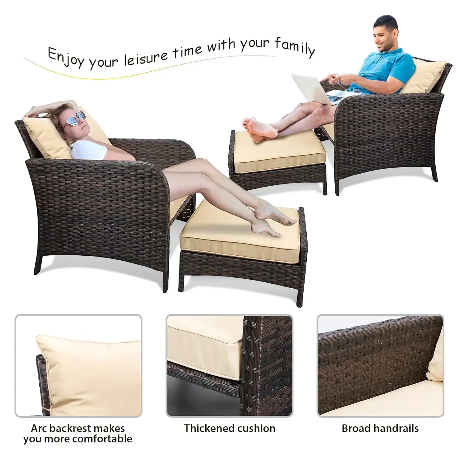 Balcony Furniture 5 Piece Patio Conversation Set, PE Wicker Rattan Outdoor Lounge Chairs with Soft Cushions 2, Customized