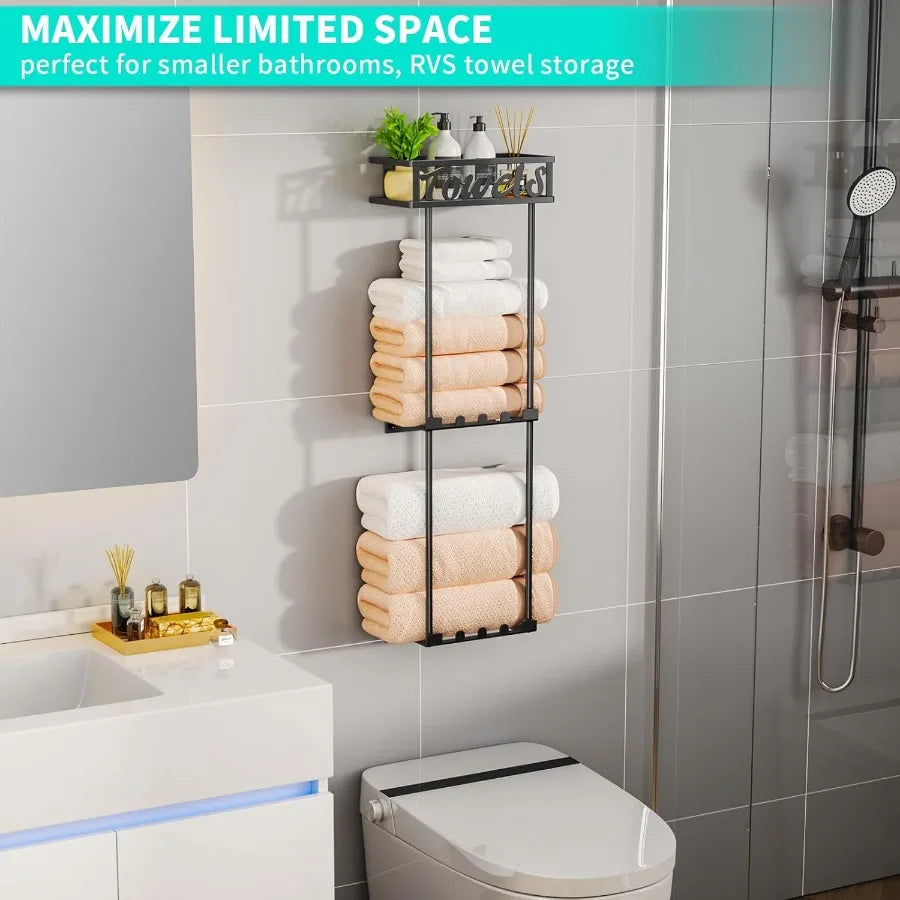 Towel Rack Bathroom Storage - 3 Tier Over The Door &amp; Wall Mounted Rolled Towel Racks Holder Organizer With Metal Shelf An