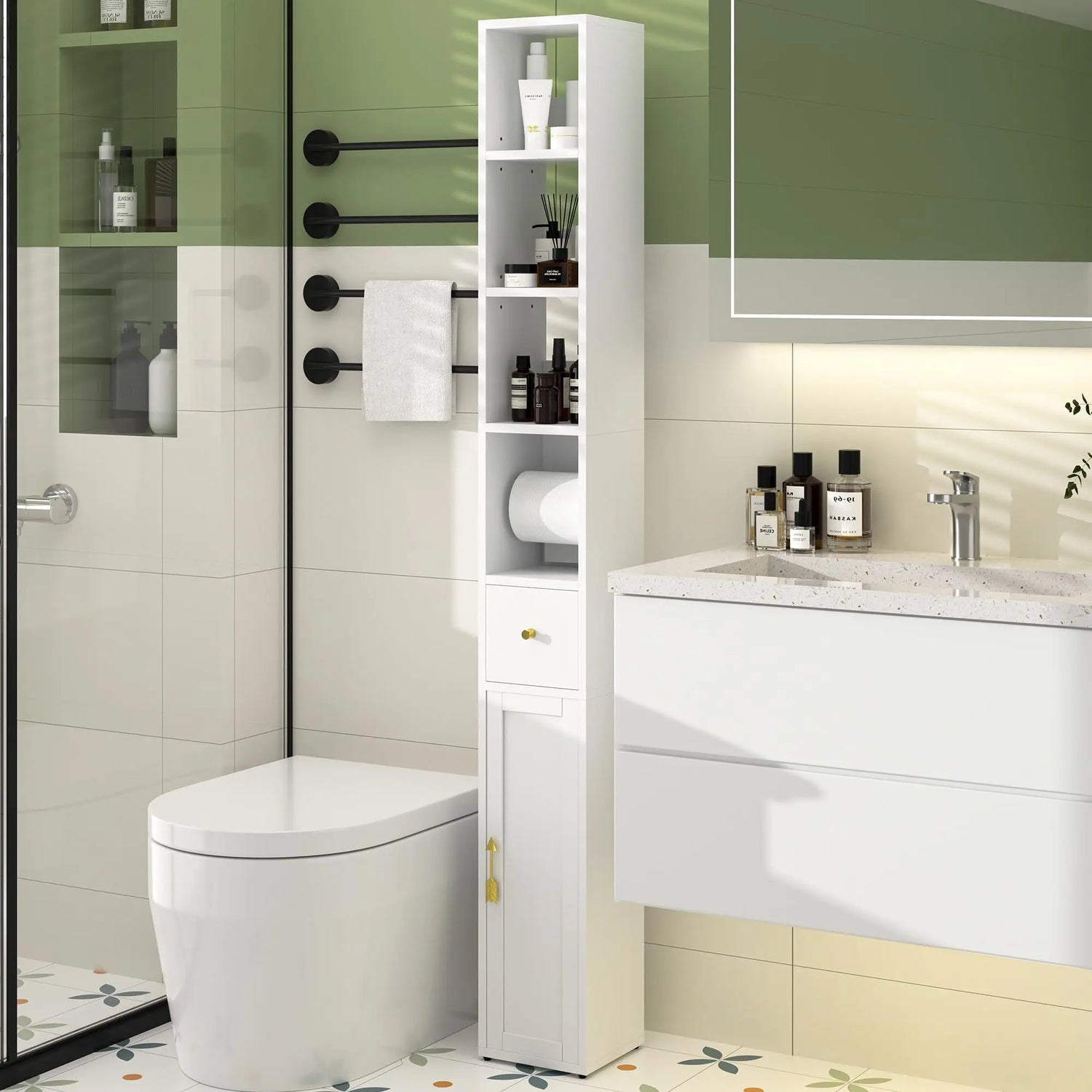 Narrow Bathroom Storage Cabinet With 3 Adjustable Shelves, 71" Tall Freestanding Cabinet With Toilet Paper Holder, Slim T