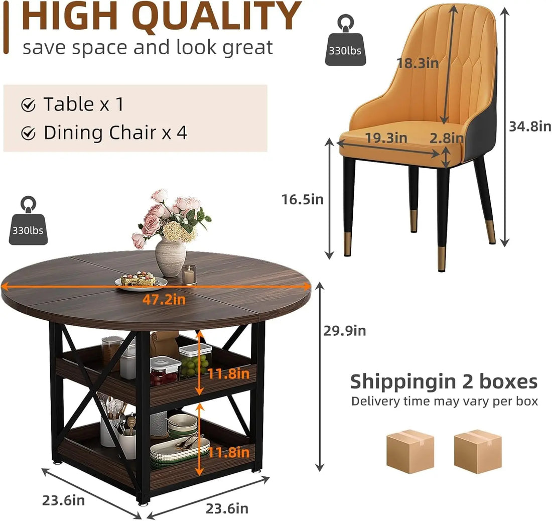 5-Piece Round Dining Table Set for 4 with Storage, Kitchen Table with 4 PU Leather Chairs, Space Saving for, Customized