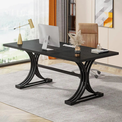 Office Desk, Modern Rectangular Executive Desk with Stylish Gold Legs,Faux Marble Table, Business Furniture for Home Office