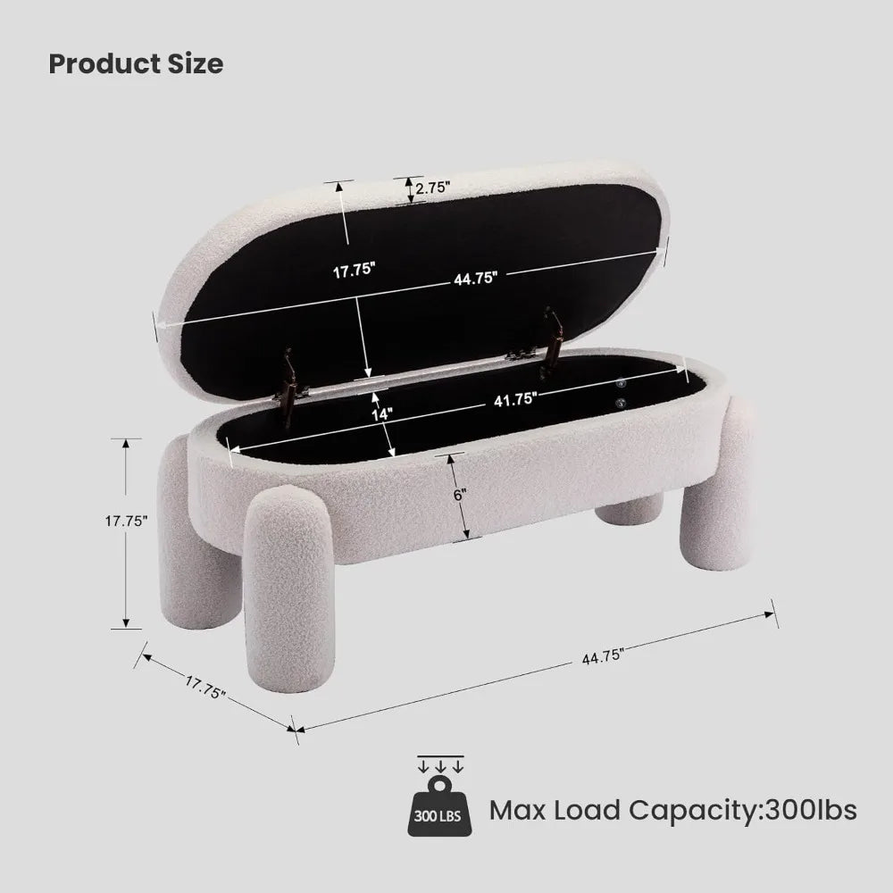 Modern Storage Bench, 44.7 Inch Upholstered Ottoman Bench Sherpa Fabric End of Bed Stool, Cute Entryway Bench for Bedroom Living