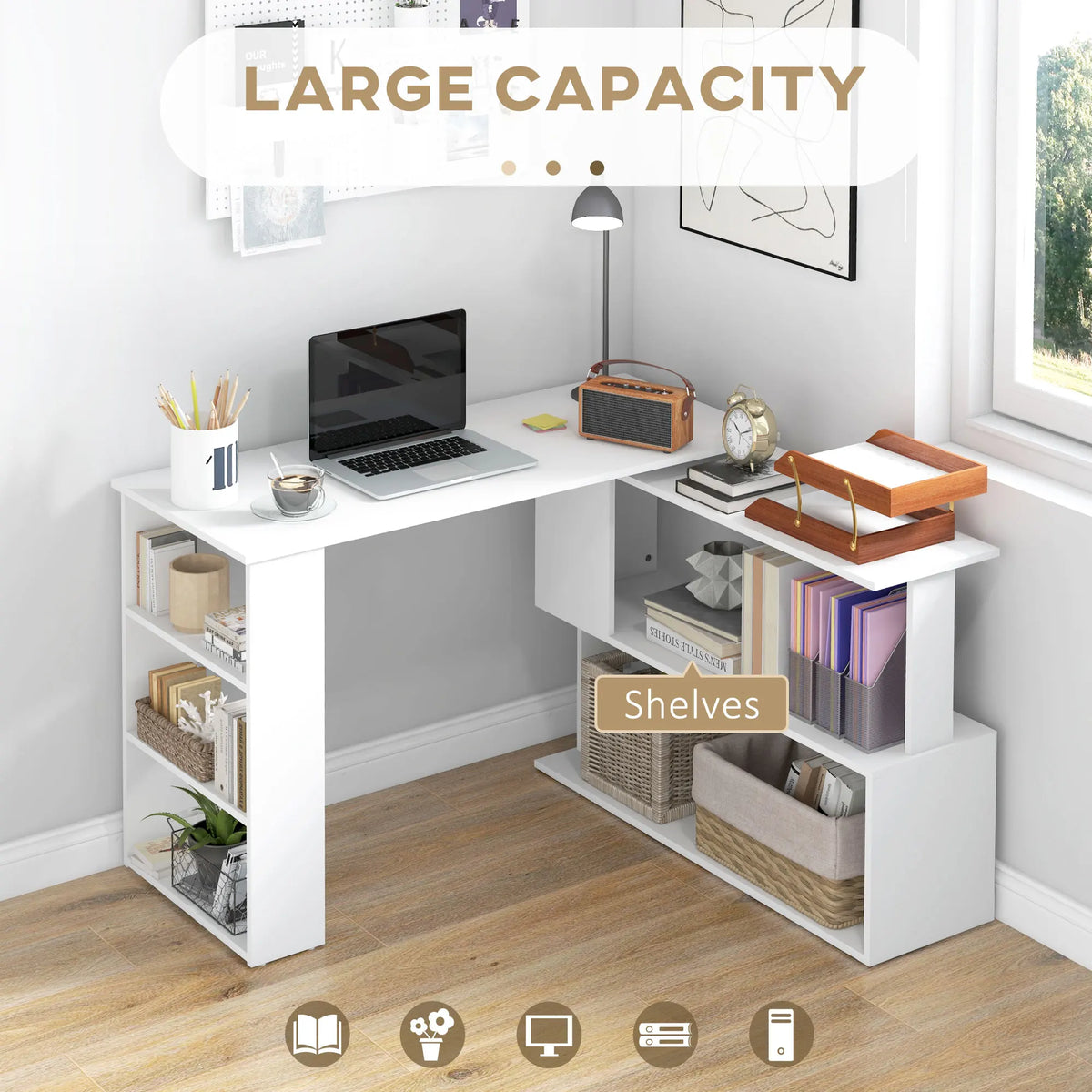 HOMCOM L Shaped Rotating Computer Desk with Storage Shelves