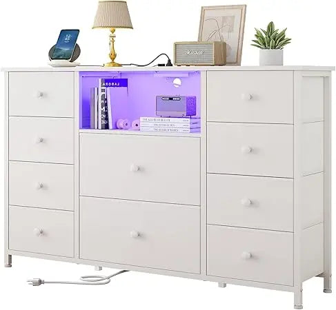 LDTTCUK Dresser with Charging Station and LED Lights, Long Dresser for Bedroom Dresser TV Stand with 10 Drawers, Fabric Chest of