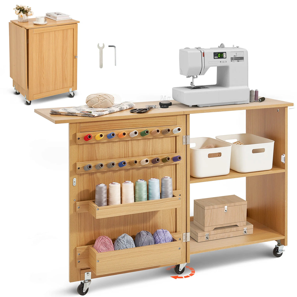 SucceBuy Folding Sewing Machine Table with Wheels and Storage Shelves