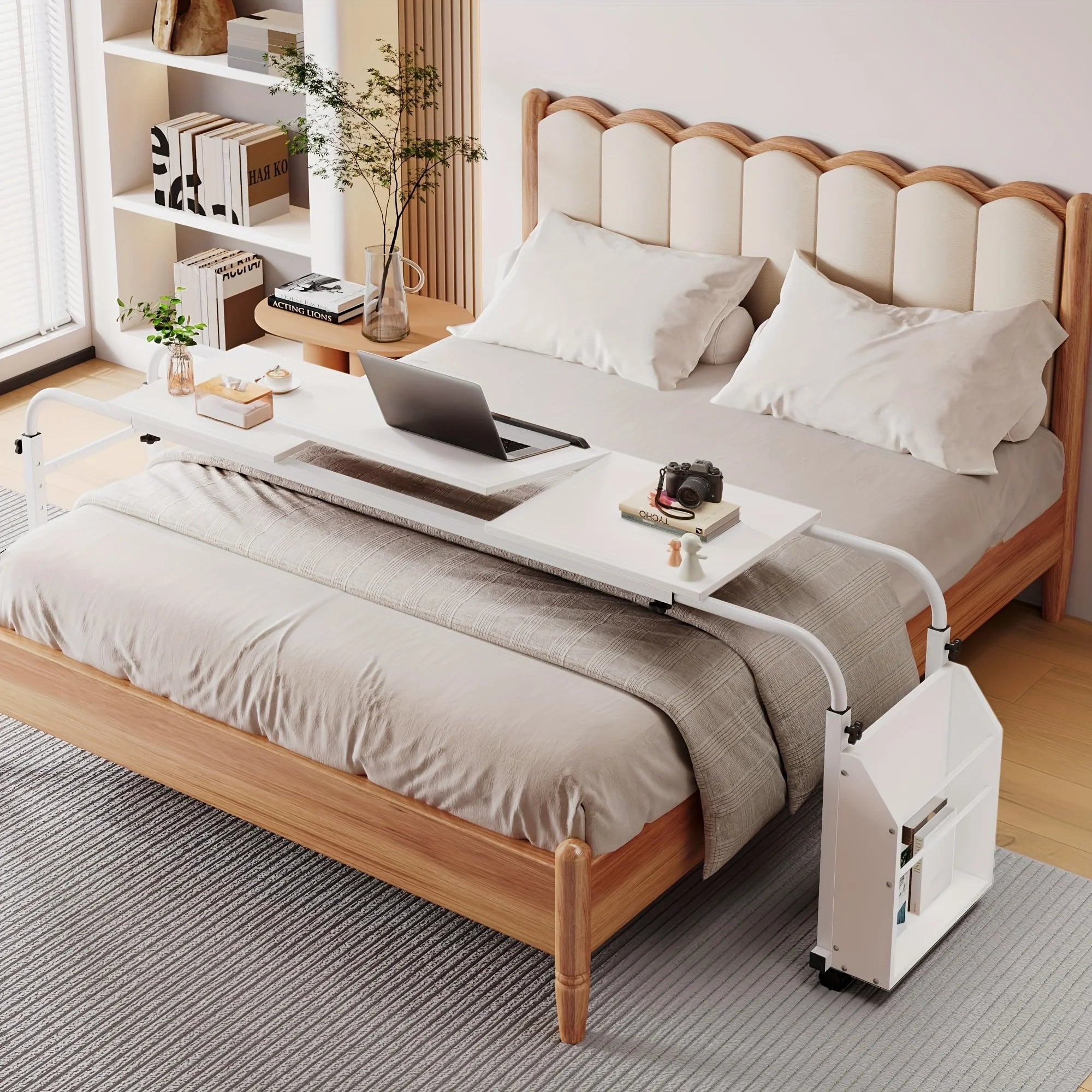 Adjustable Height Mobile Bed Desk With Wheels Overbed Table Laptop Cart