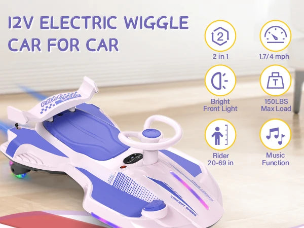 【Akeleo】12V Electric Wiggle Car with Pedal, 2 in 1 Wiggle Car Ride On Toys for Kids Ages 3 and Up, Anti-Rollover Flashing Wheels
