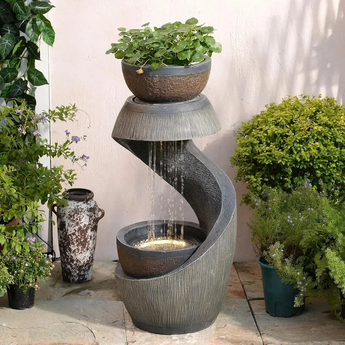 31.9" S-Shaped Water Outdoor Fountain–Modern Cascading Waterfall Feature with LED Lights &amp; Planter Bowl