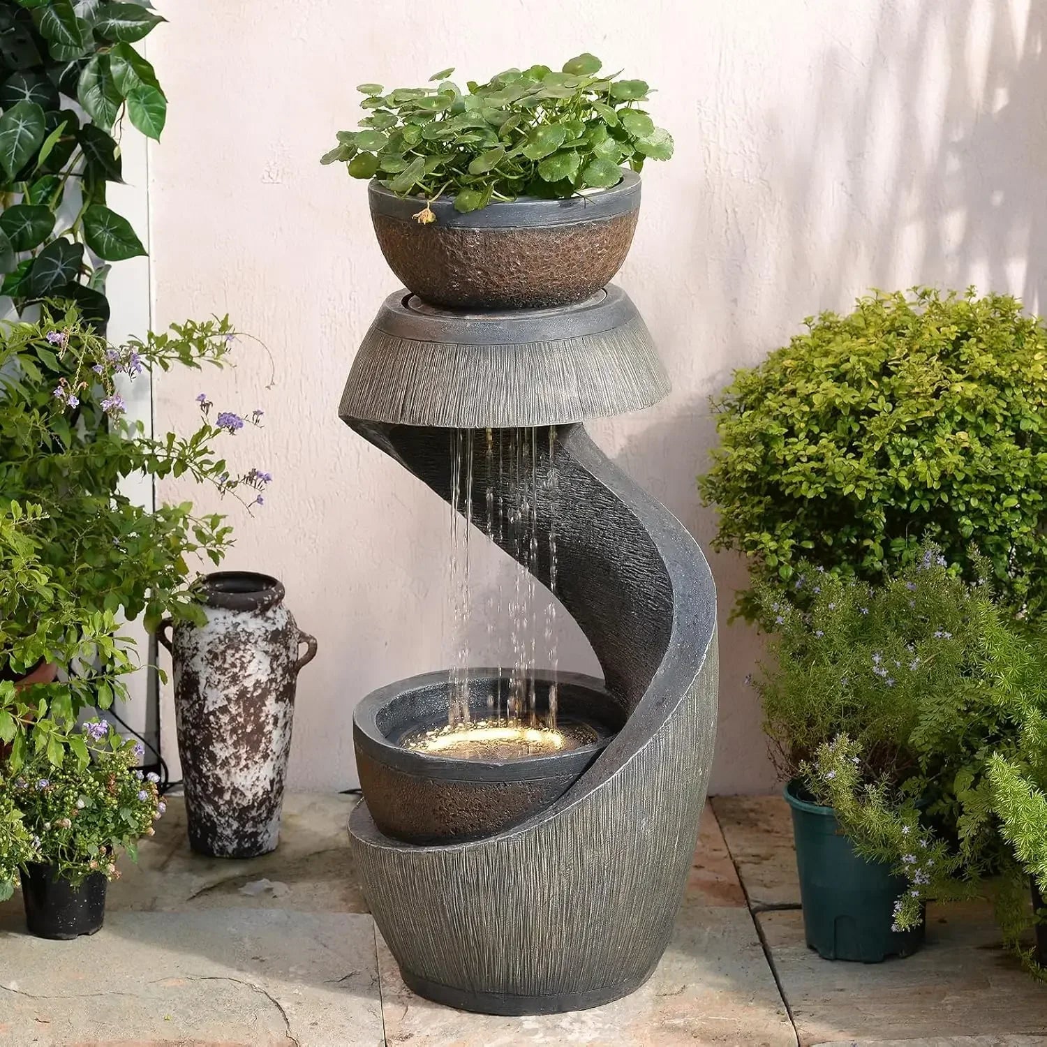 31.9" S-Shaped Water Outdoor Fountain–Modern Cascading Waterfall Feature with LED Lights &amp; Planter Bowl