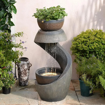 31.9" S-Shaped Water Outdoor Fountain–Modern Cascading Waterfall Feature with LED Lights &amp; Planter Bowl