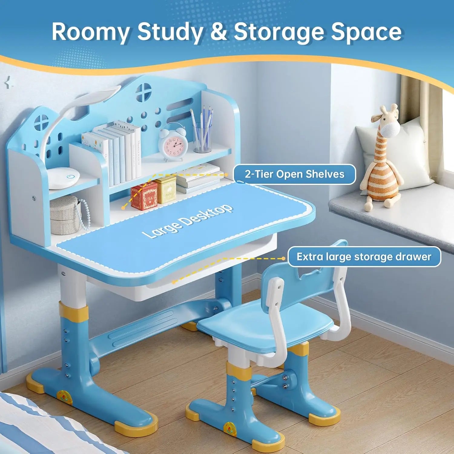 Adjustable Kids Desk and Chair Set with Bookstand, Storage Drawer for Boys Girls Study Writing