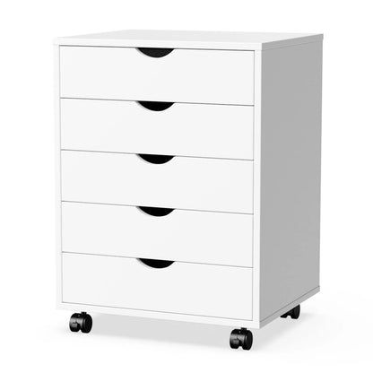 JHK Wood Nightstand Cabinet With Five Drawers And Rolling Wheels