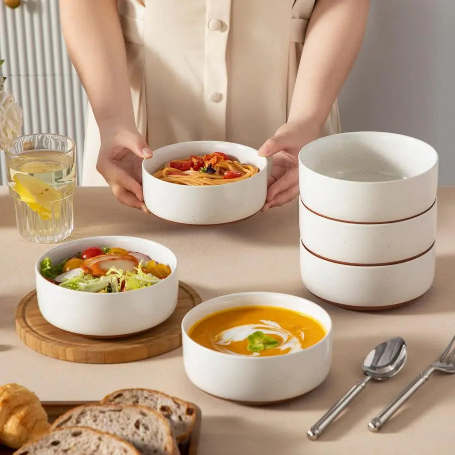 Cereal Bowls Set of 6, 24 OZ Ceramic Bowls for Kitchen, Soup Bowl Breakfast Bowls, Dishwasher Microwave Safe, Khaki White, Serie