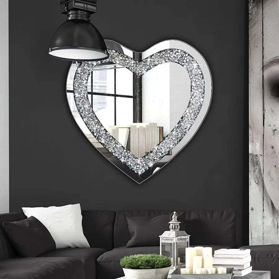 Crystal Crush Diamond Heart Shaped Silver Mirror for Wall Decoration 20x20x1 inch Wall Hang Frameless Mirror Acrylic Diamond Dec