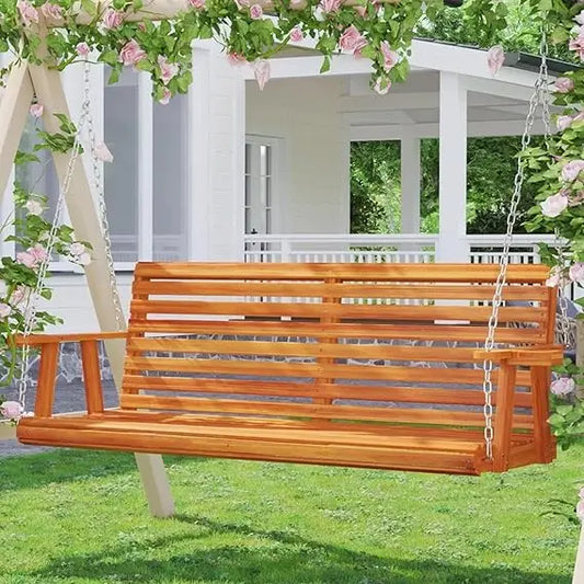 Wooden Porch Swing with Cup Holders and Chains, 880 lbs Capacity Outdoor Swing Chair Bench for Courtyard and Patio