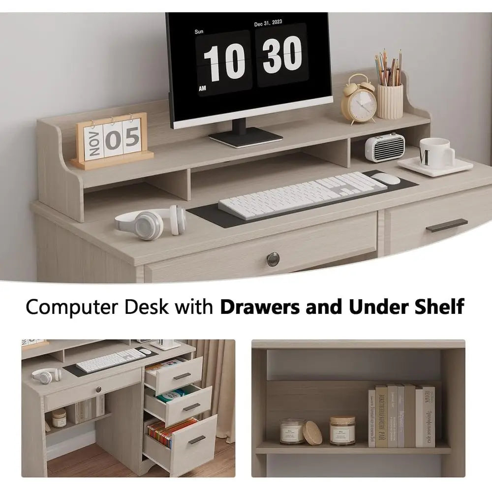 Computer Writing Desk with Drawers, File Cabinet and Monitor Stand