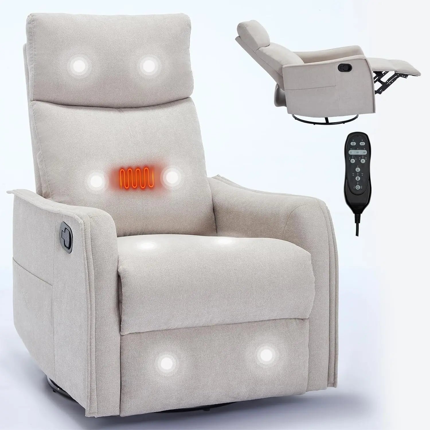 Heat Massage Manual Recliner Chair with Rocker &amp; 360° Swivel, Fabric Upholstered Reclining Armchair with Lumbar, Customized