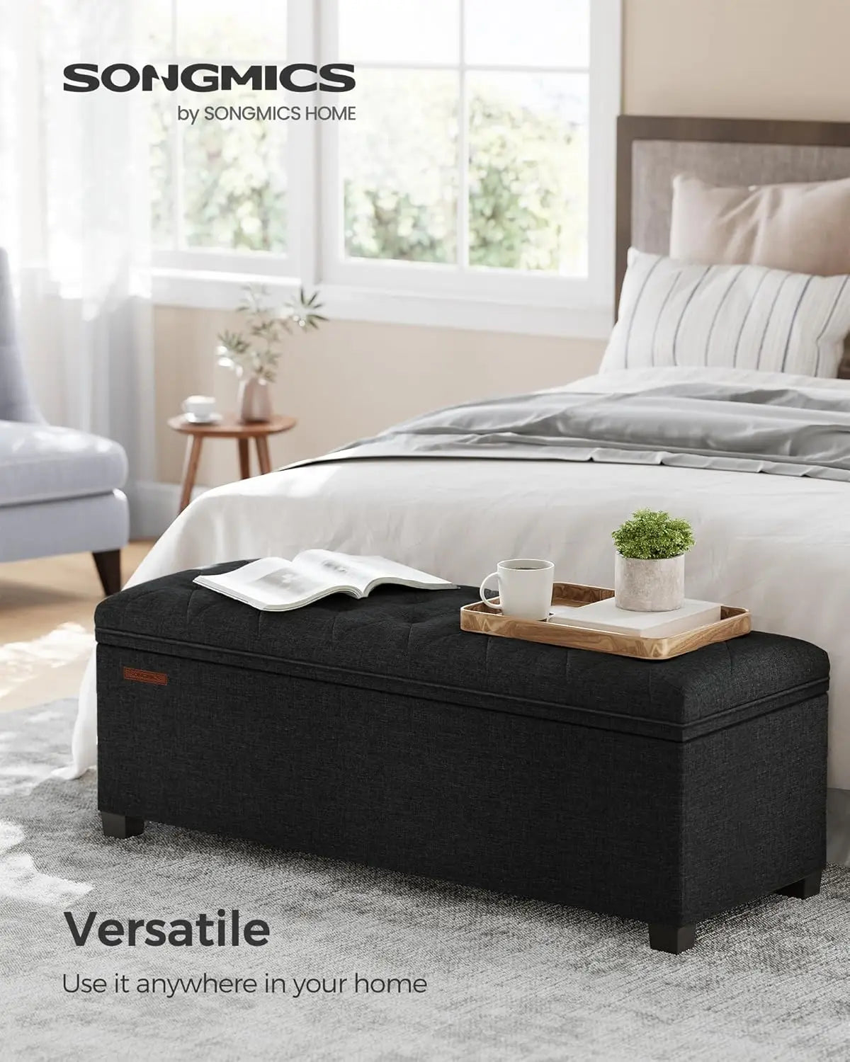 Storage Ottoman Bench with Legs, 15.7x43.3x15.7 Inches, End of Bed Bench, Holds 660 lb for Living Room Bedroom Entryway in Black