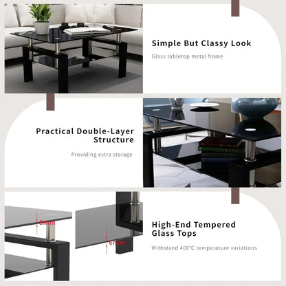 Limited timeBestsellerBlack Glass Coffee Table Set of 3 Piece, Living Room Tables Set of 3 Pcs, Including 1 Coffee Table and 2 E