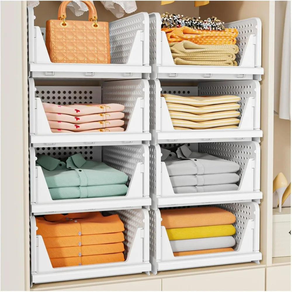 SNSLXH 5 Pack Stackable Closet Storage Basket Multifunctional &amp; Foldable Closet Organizer for Bathroom Kitchen Laundry Room