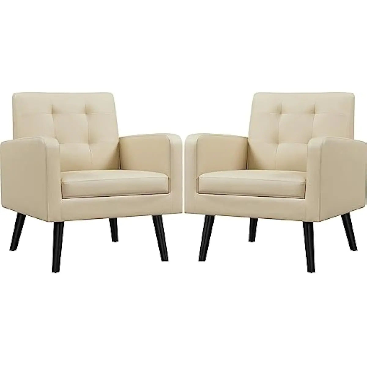 Mid Century Modern Faux Leather Tufted Armchairs With Rubberwood Legs