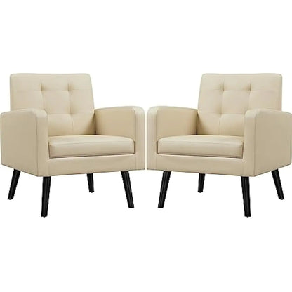 Mid Century Modern Faux Leather Tufted Armchairs With Rubberwood Legs