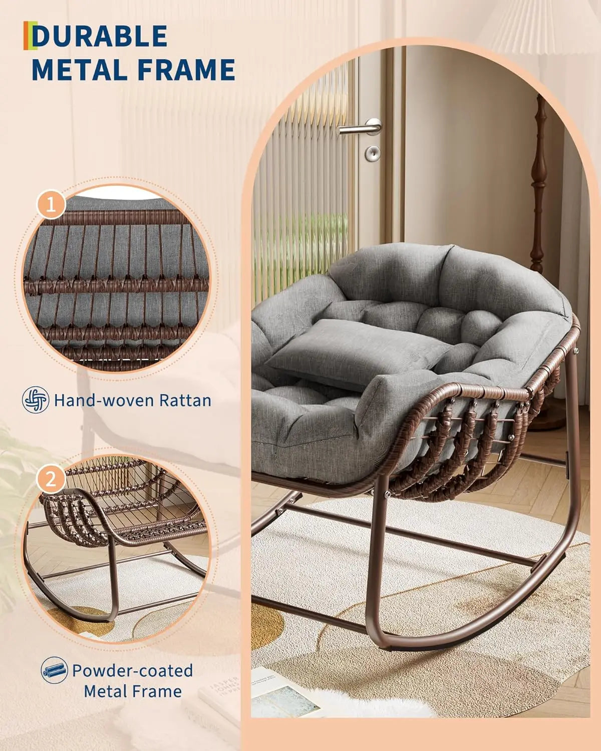 HiMISS Outdoor Papasan Egg Rocking Chair With Cushion