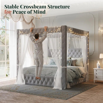 holstered Canopy Bed Frame Queen Size with 74.8 Tall Four Poster and Velvet DeepTufted Tall Headboard with Charging Station M