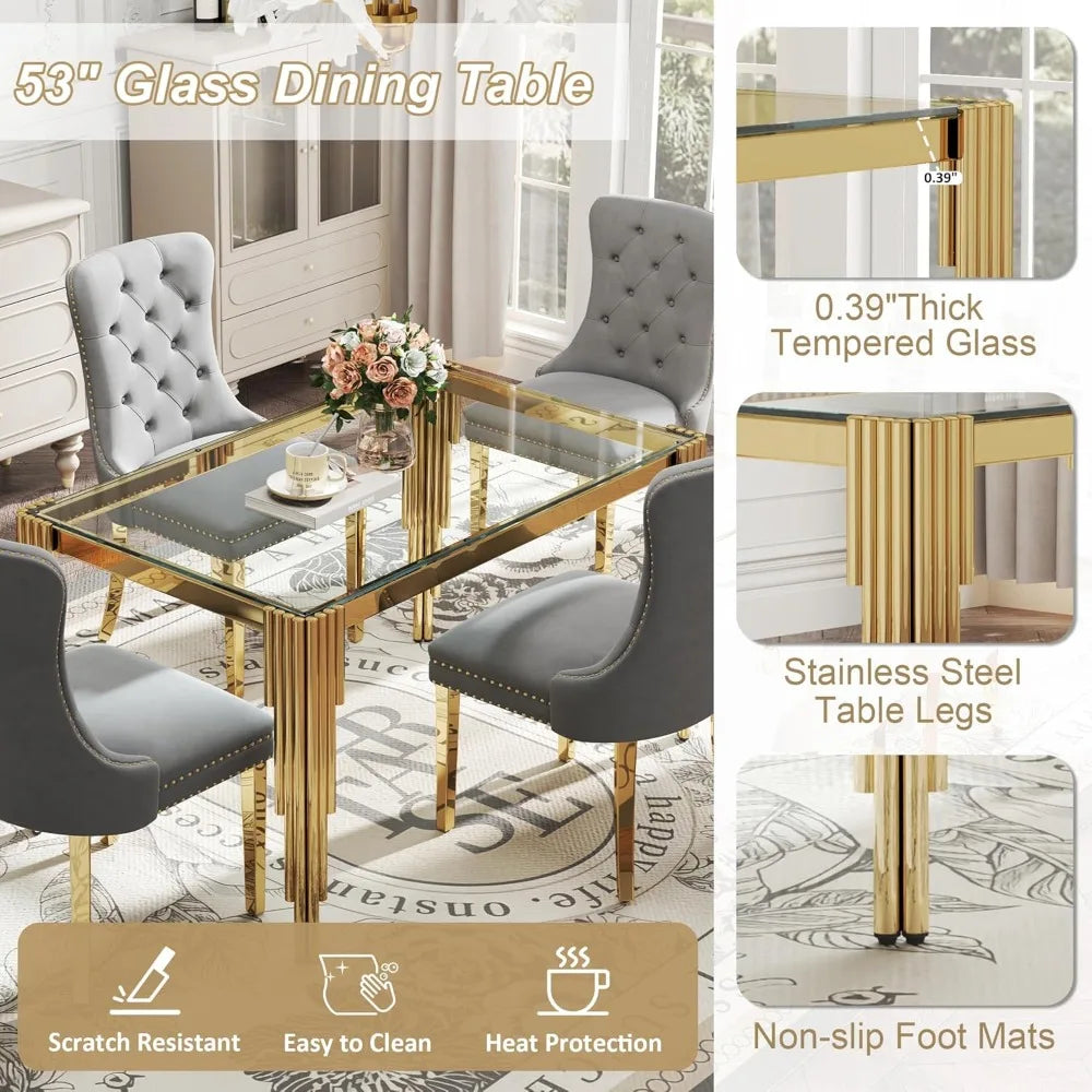 5 Piece Glass Dining Table Set for 4, 53" Rectangle Kitchen Table with 4 Gray Velvet Upholstered Chairs, Tempered Glass Tabletop