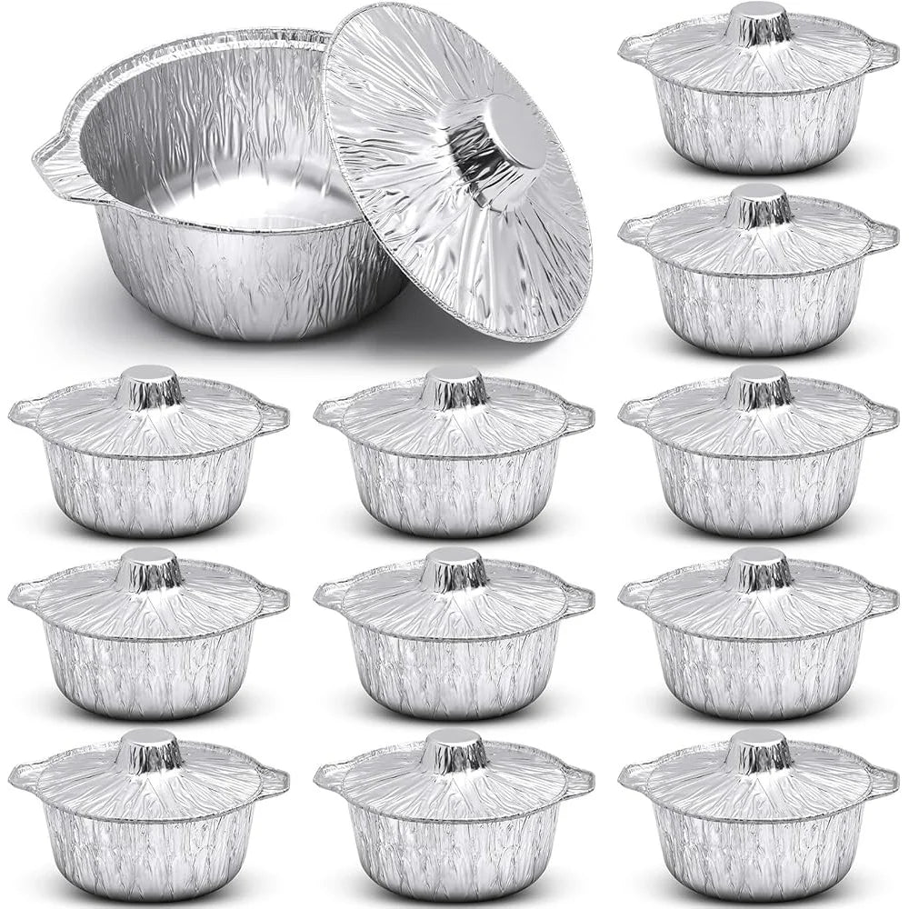 12 Pcs Disposable Aluminum Pots with Lids Round Foil Containers Multi Use Cookware Camping Outdoor Cooking Baking Heating
