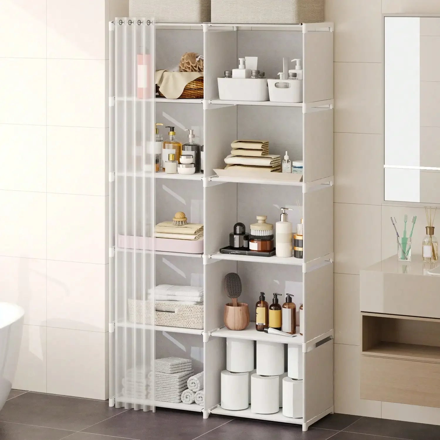 Tomnk 4/10 Compartments Simple Bathroom Organizer, Space-Saving Bathroom Cabinet With Adjustable Shelves, Easy Assembly Storage